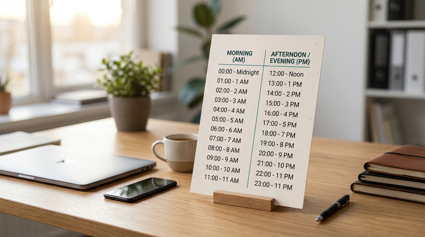 Complete military time chart showing 12-hour to 24-hour conversion for all 24 hours