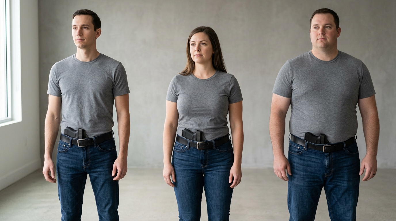 Concealed carry holster fit comparison across three body types showing printing differences