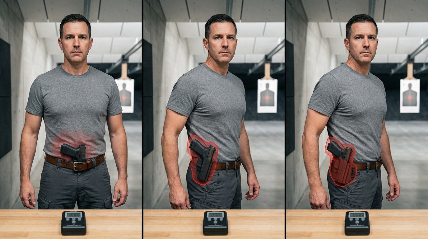 Concealed carry holster guide comparison of AIWB vs IWB vs OWB printing and draw times