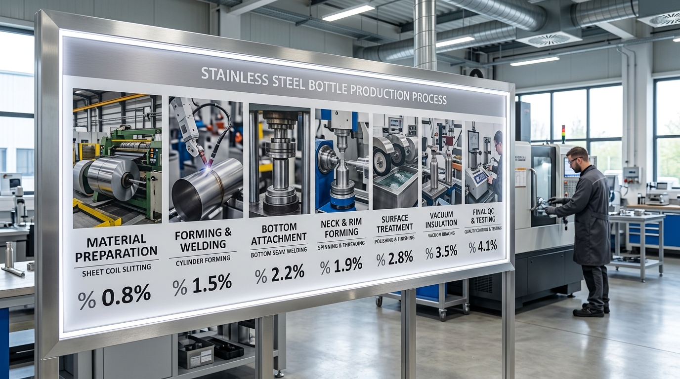 stainless steel bottle manufacturing process flow diagram with 7 steps and defect rates