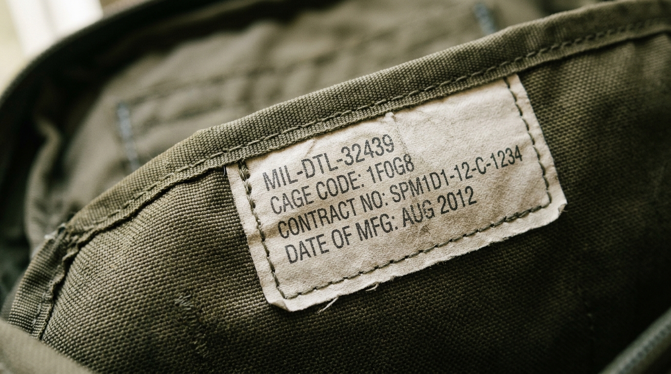 MIL-DTL-32439 contract label inside military backpack showing Berry Amendment compliance markings