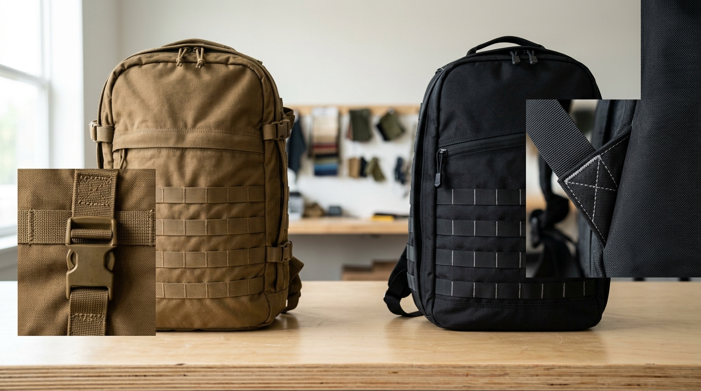 Tactical backpack vs military backpack side-by-side comparison showing MOLLE and stitching differences