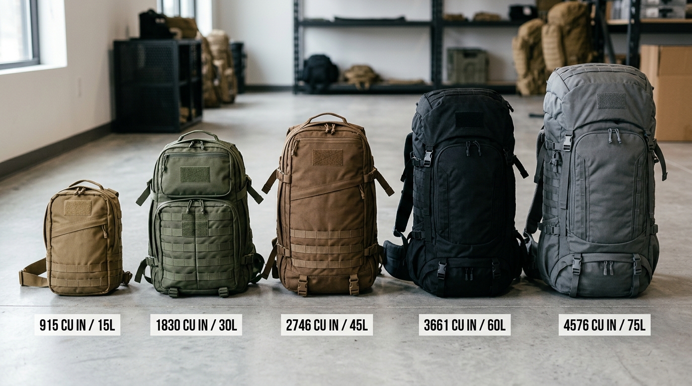 tactical bag size guide comparison of 5 volume tiers from 15L to 75L