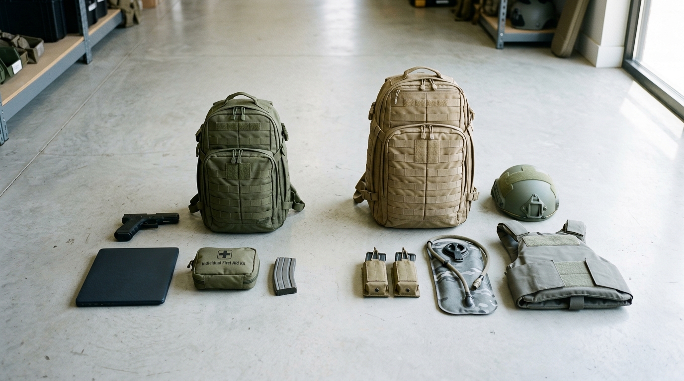 tactical bag size guide comparing Rush 12 EDC and Rush 24 assault loadouts