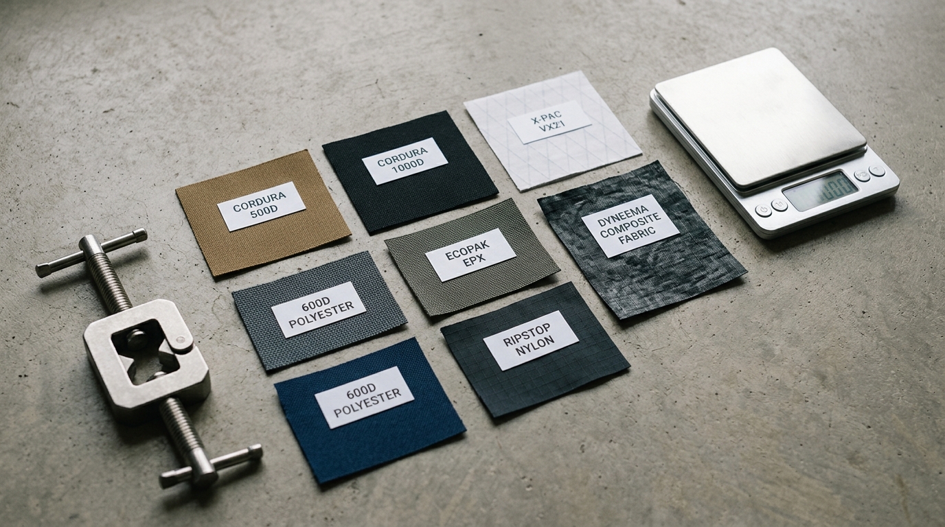 Materiali per borse tattiche: spiegazione e classificazione dei campioni a confronto tra Cordura, X-Pac, ECOPAK, Dyneema, poliestere e nylon ripstop.