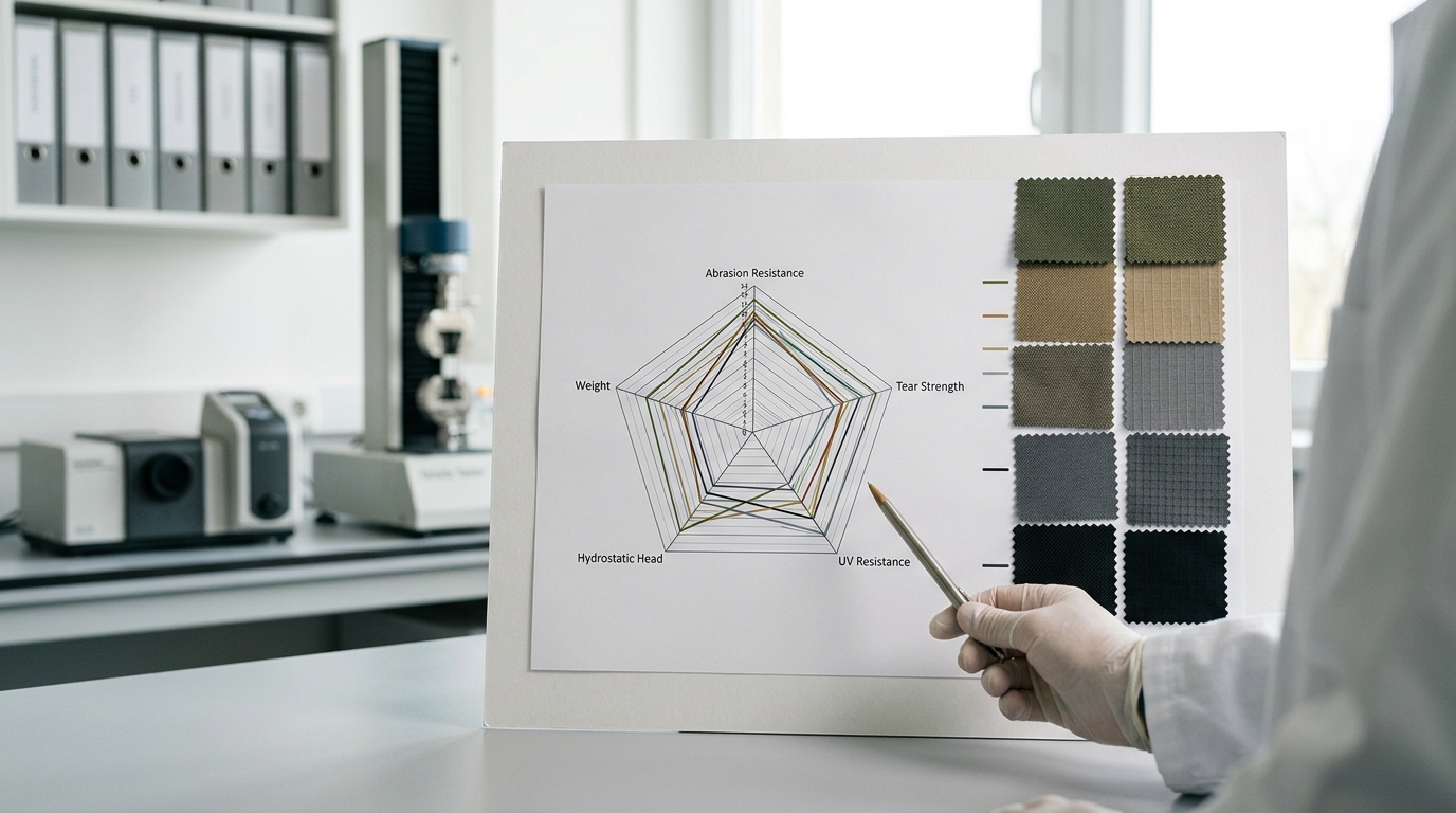 Materiali per borse tattiche: tabella comparativa con dati relativi a Wyzenbeek, Martindale, resistenza allo strappo e colonna d'acqua.