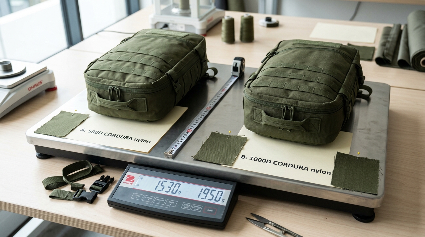 500D vs 1000D nylon tactical bag weight comparison on scale showing 420g empty weight difference