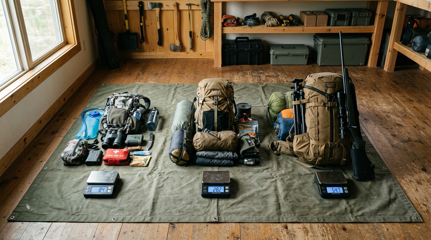 Field-Tested Hunting Gear List for Backcountry Hunts 3 Tiered hunting gear list comparison showing day hunt, 1-3 day, and extended backcountry pack weights