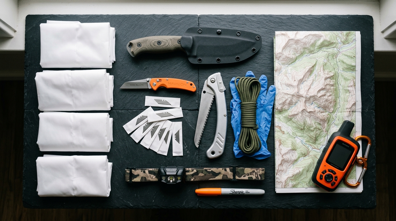 Field-Tested Hunting Gear List for Backcountry Hunts 6 Complete hunting gear list kill kit and navigation stack laid out for backcountry hunt