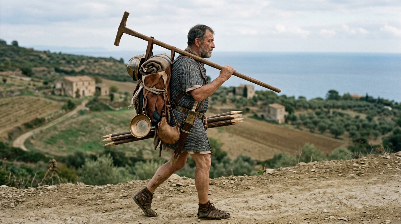 7 Key Milestones In Tactical Backpack Evolution Explained 4 Roman legionary carrying sarcina on furca pole showing early load carriage before tactical backpack evolution