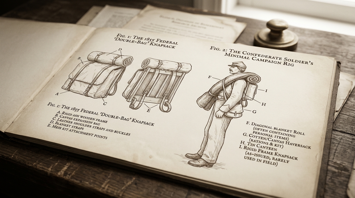 7 Key Milestones In Tactical Backpack Evolution Explained 5 Civil War field pack evolution showing 1855 knapsack failure and Confederate blanket roll improvisation