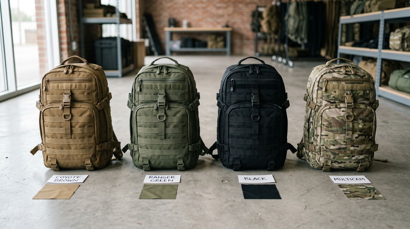 What Color Military Backpack Actually Works Best 3 Best color military backpack comparison showing coyote brown ranger green black and MultiCam side by side