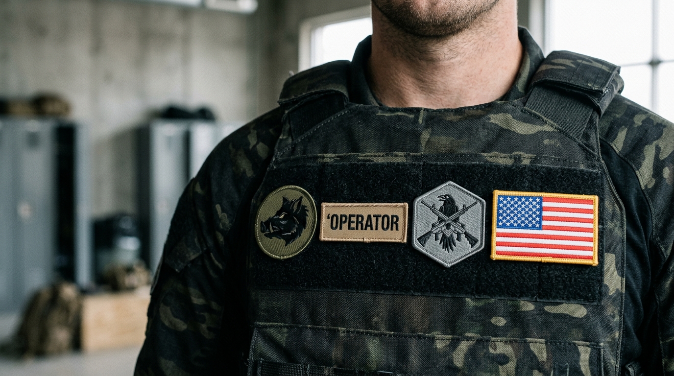 What is a morale patch shown on a plate carrier next to official insignia