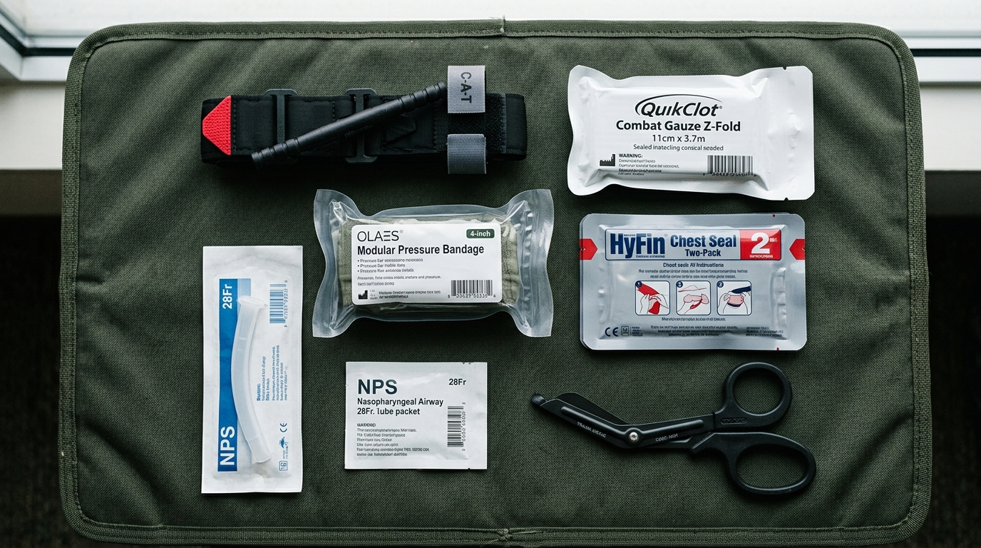 IFAK contents laid out showing tourniquet hemostatic gauze chest seals and airway tools following MARCH protocol