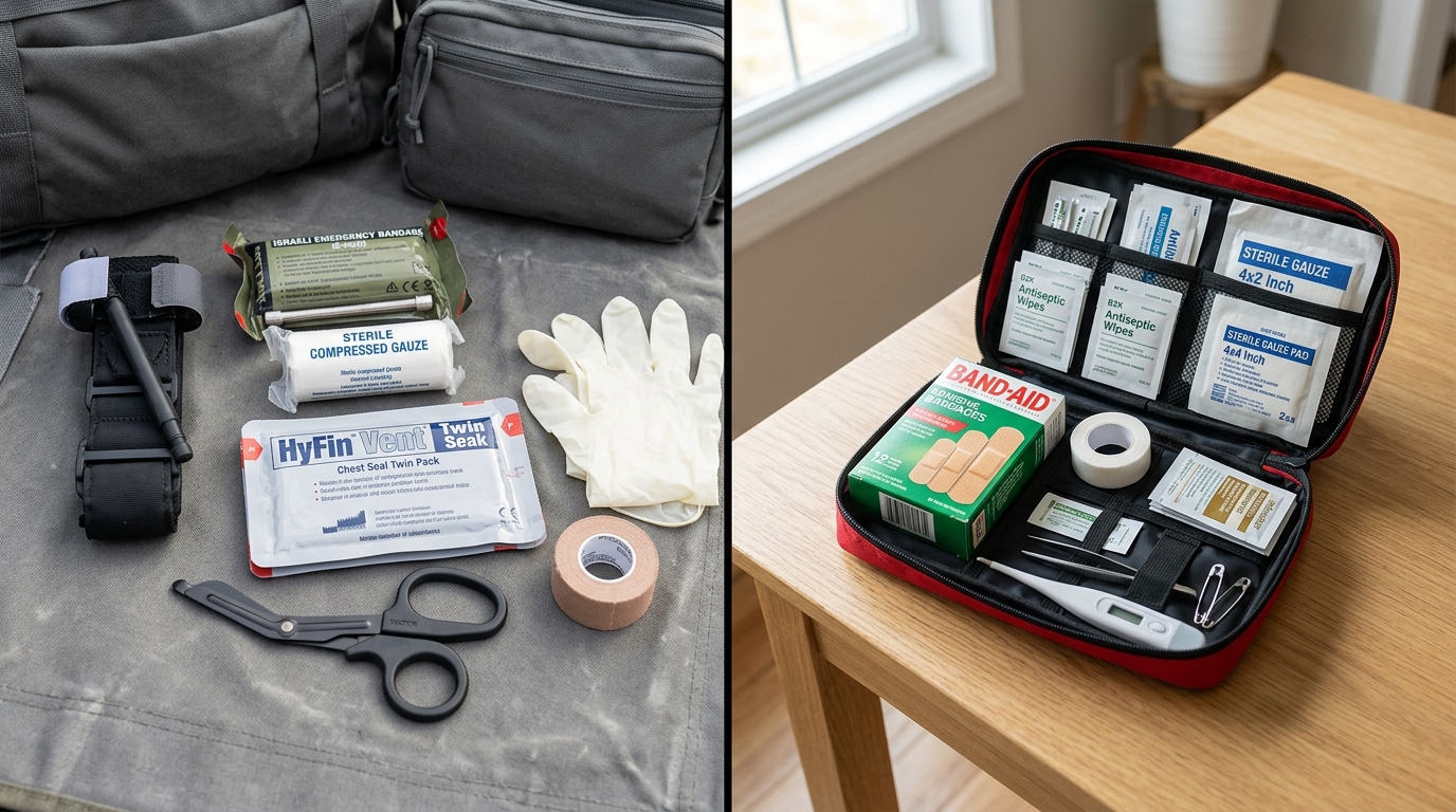 IFAK vs traditional first aid kit contents comparison showing trauma gear versus minor injury supplies