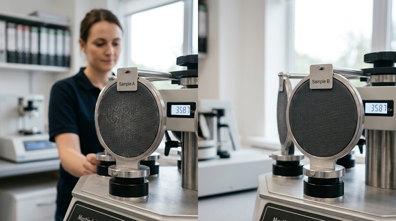 7 Key Differences Between 600D and 900D Oxford Fabric 5 Lab abrasion testing showing strength differences between 600D Oxford and 900D Oxford fabrics