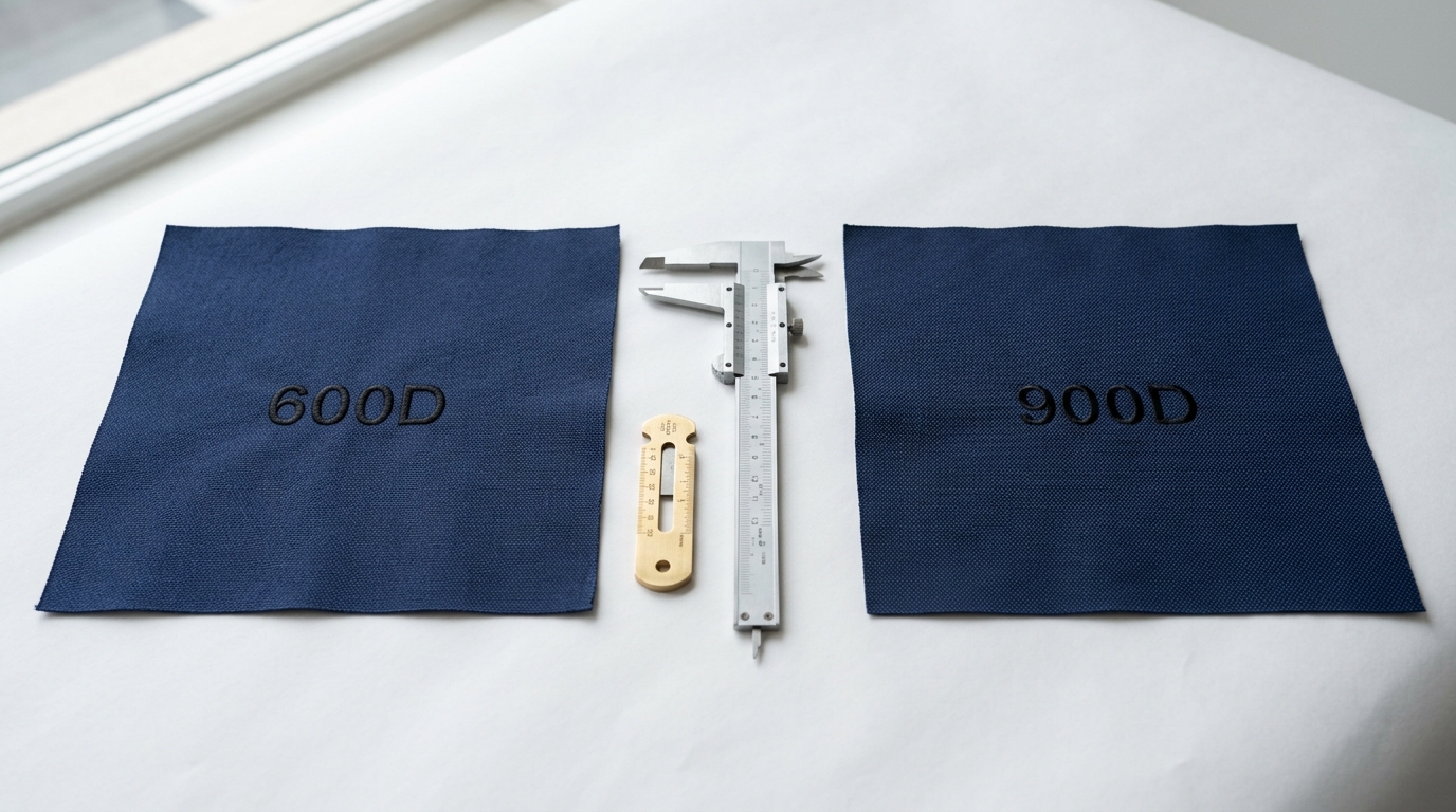 7 Key Differences Between 600D and 900D Oxford Fabric 3 600D vs 900D Oxford fabric comparison swatches with measuring tools showing key differences