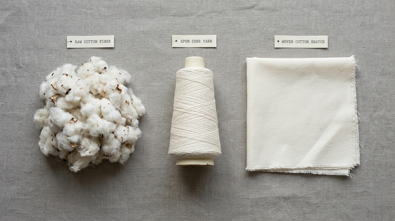5 Differences Between Fabric and Textile 3 Fabric vs textile difference shown through fiber, yarn, and woven cloth comparison