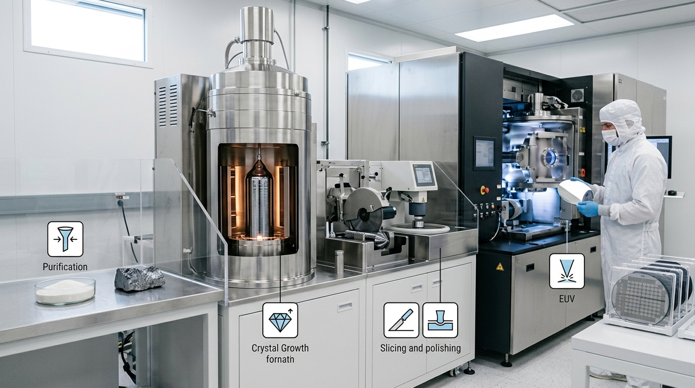 Semiconductor manufacturing process from sand to silicon wafer and chip