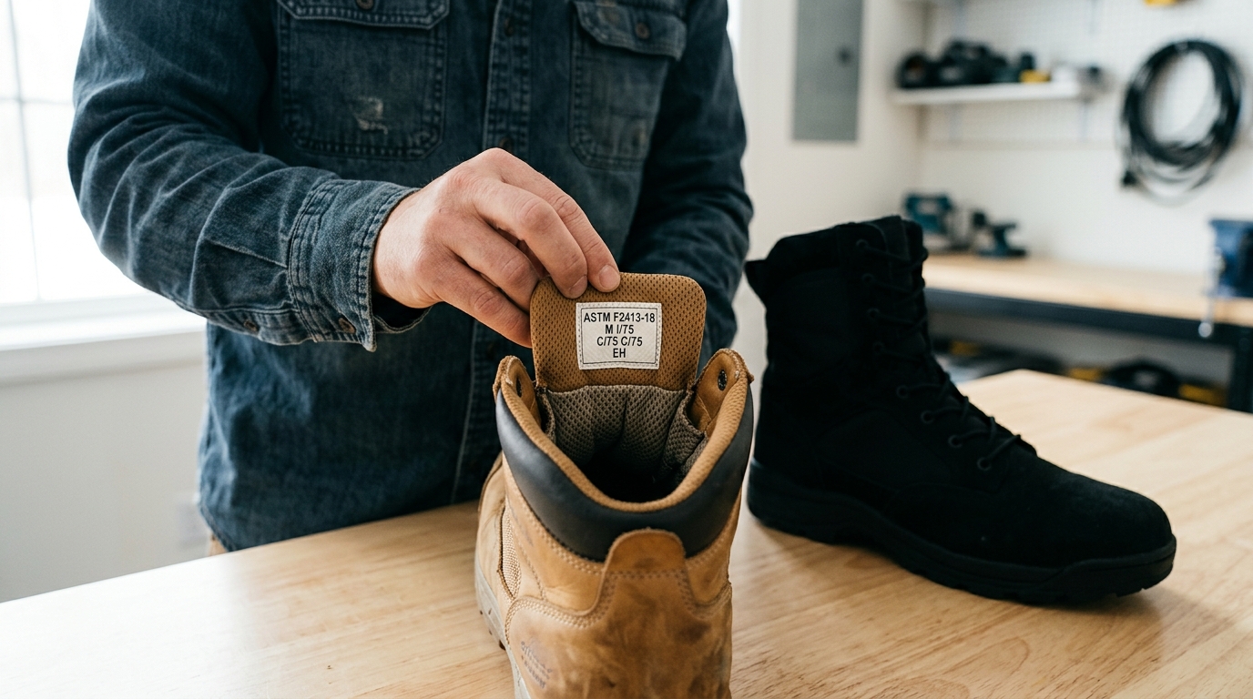 ASTM F2413 safety label comparison showing why tactical boots cannot be used as work boots in hazard zones