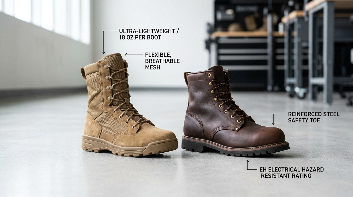 Tactical boots versus work boots spec comparison showing weight and toe protection differences