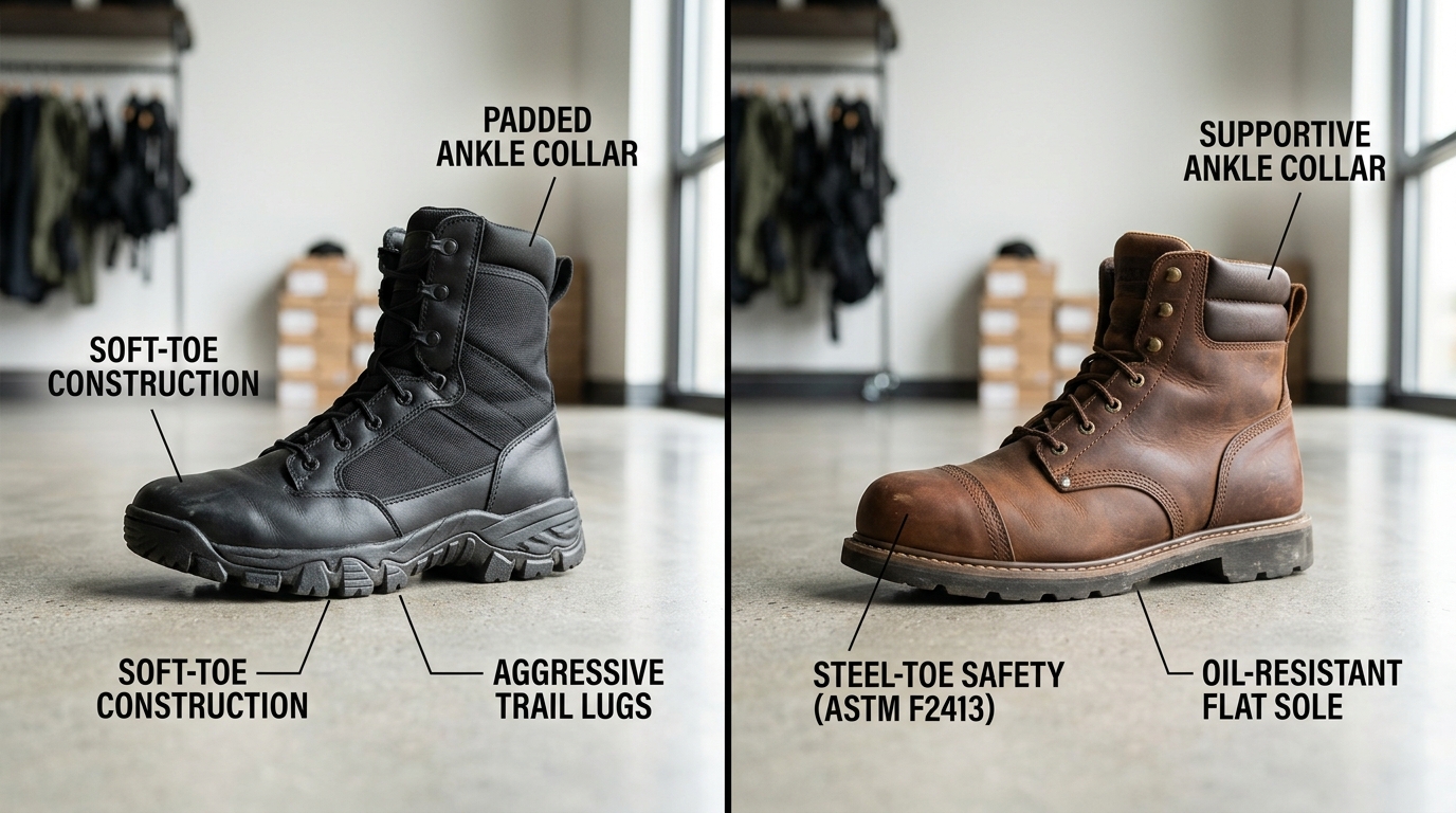 Key differences between tactical boots and safety work boots construction and toe design