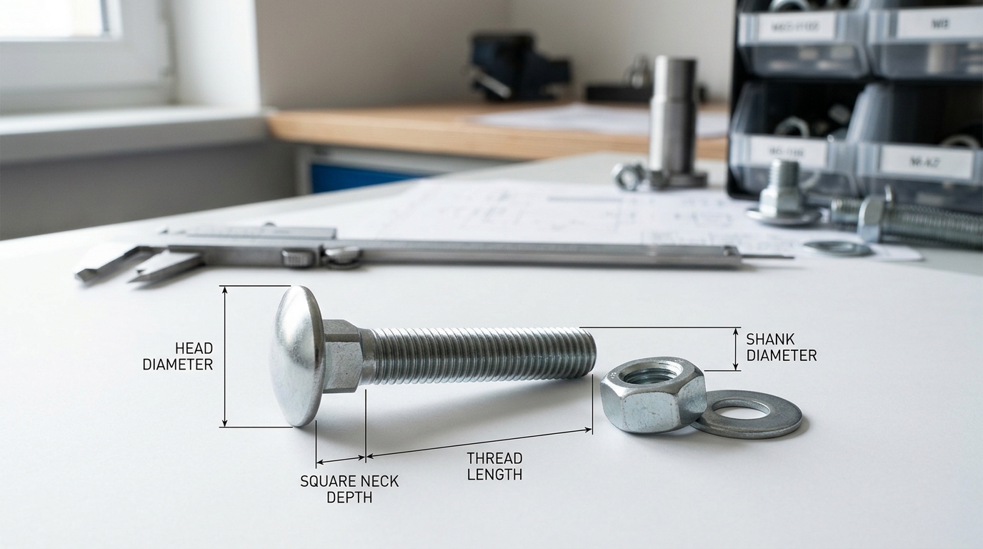Carriage bolt showing dome head, square neck and threaded shank
