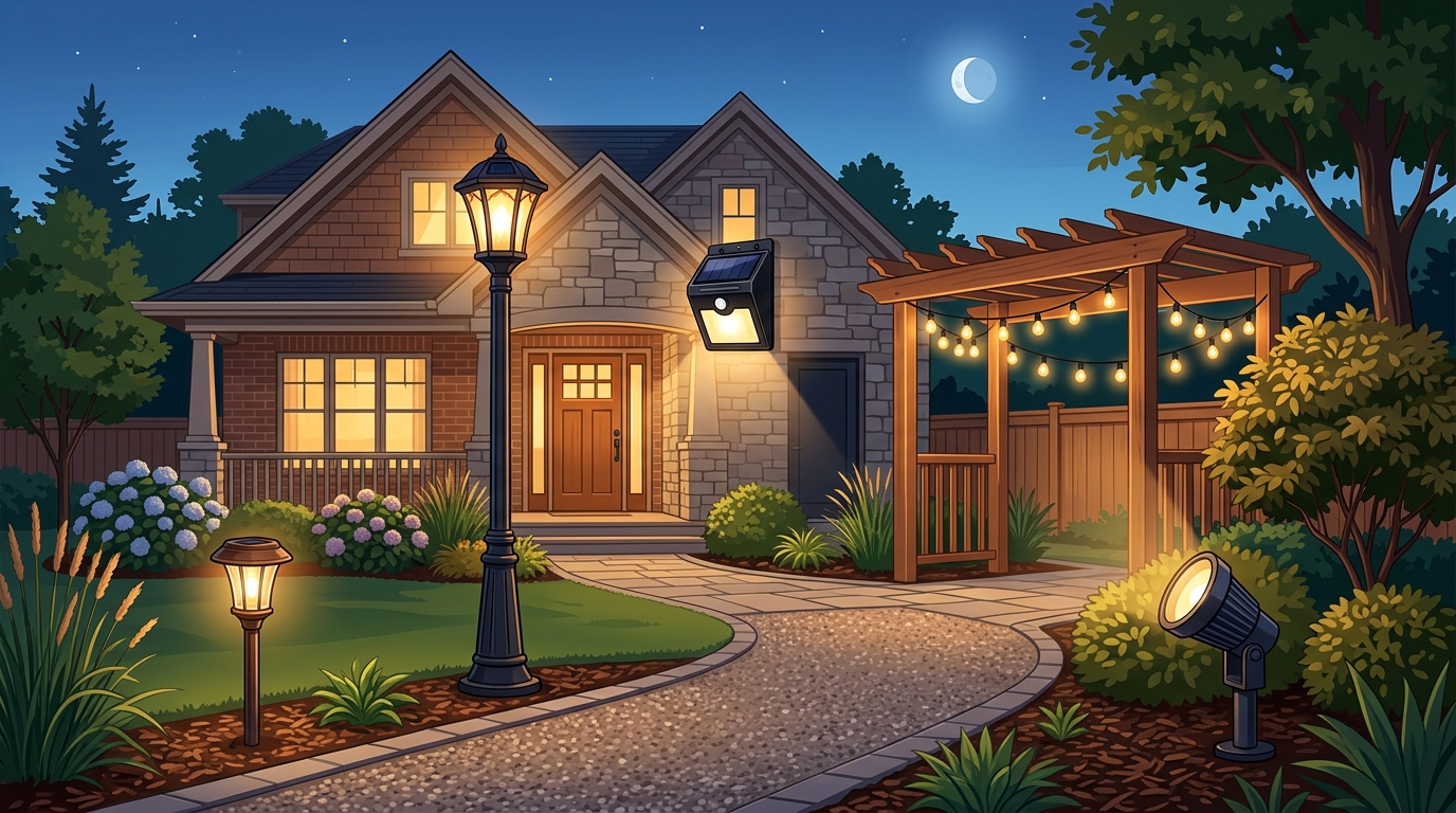 Five types of solar lights for home use including garden stakes, pole lamps, wall-mounted security lights, string lights, and spotlights