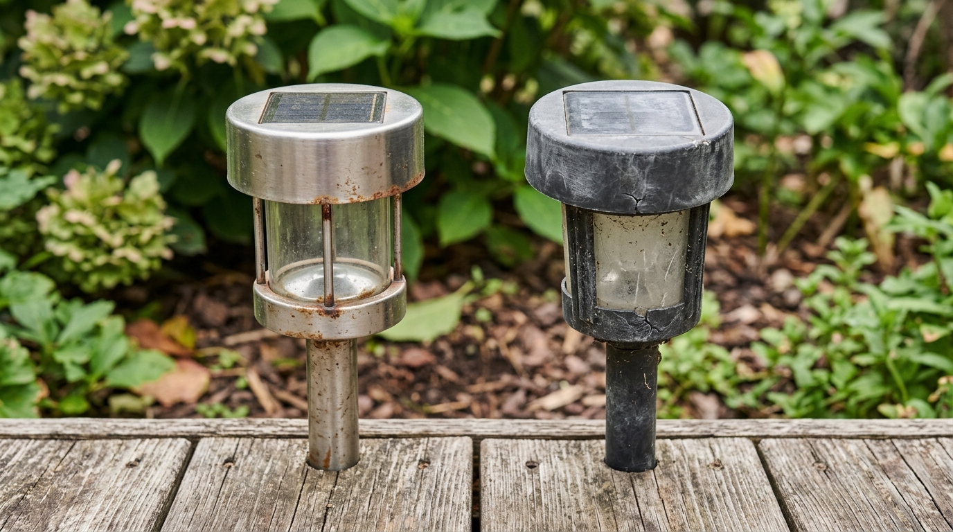 Stainless steel vs plastic solar garden light housing durability comparison after outdoor weathering