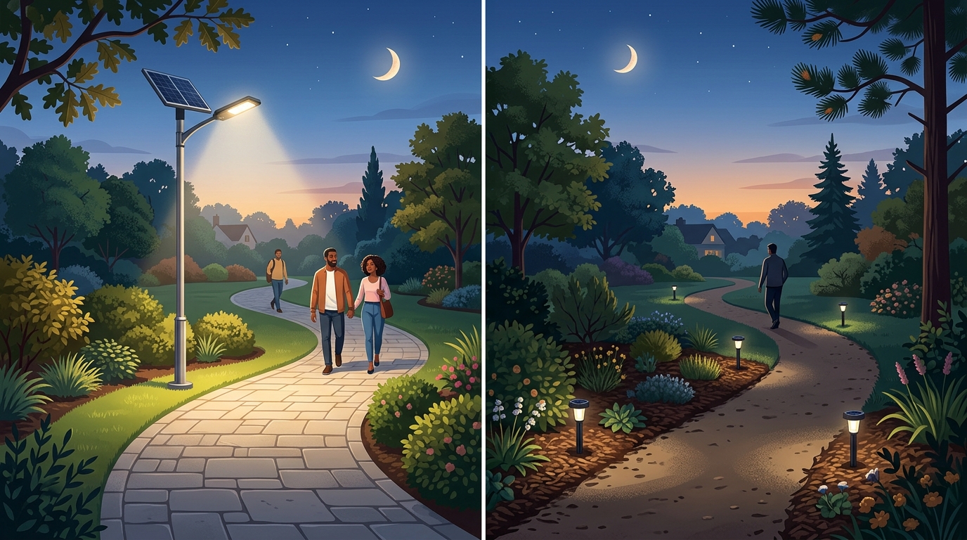 Solar pole light versus ground-level stake light comparison showing illumination coverage differences along a home walkway