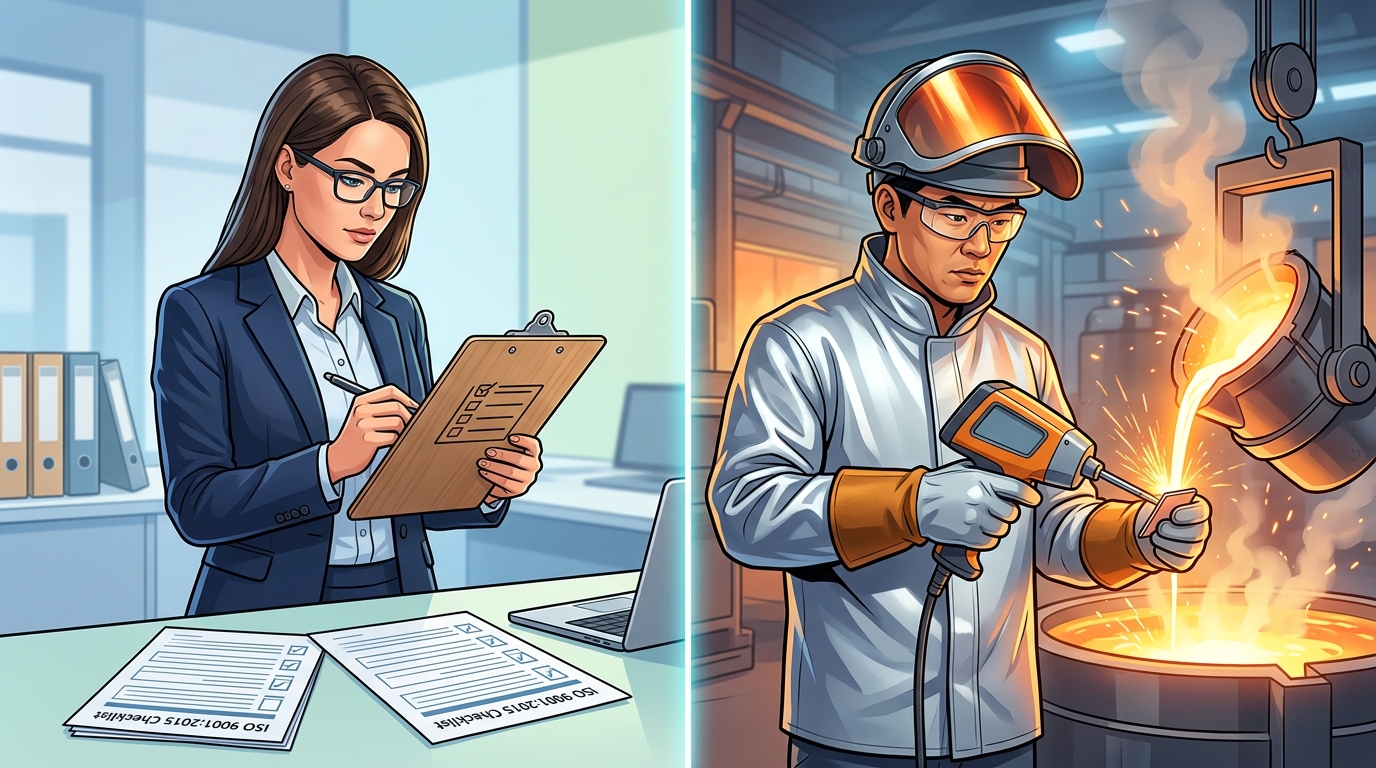China aluminum foundry audit checklist comparing generic ISO 9001 paperwork review with casting-specific on-site metallurgical verification