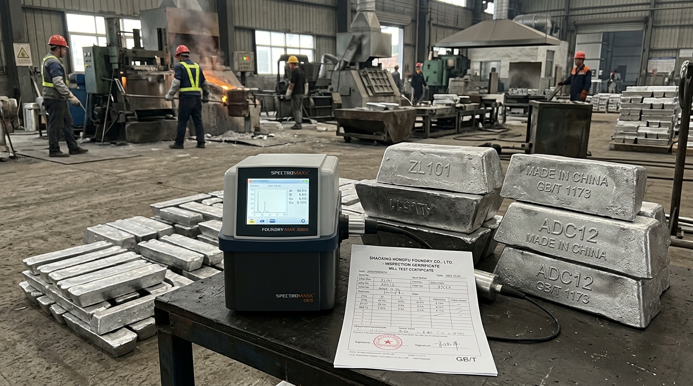 aluminum alloy grades used by Chinese foundries showing ZL101 and ADC12 ingot markings with mill certificate