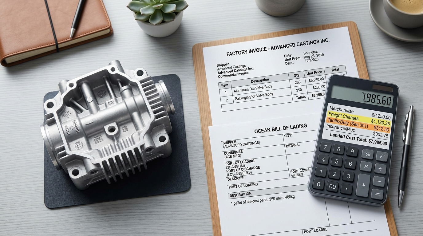 Hidden costs importing aluminum castings from China shown as landed cost breakdown on shipping documents