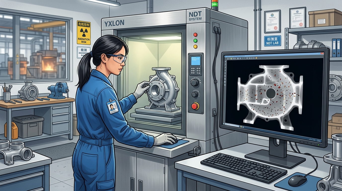 NDT operator performing X-ray inspection on aluminum casting in China foundry quality lab