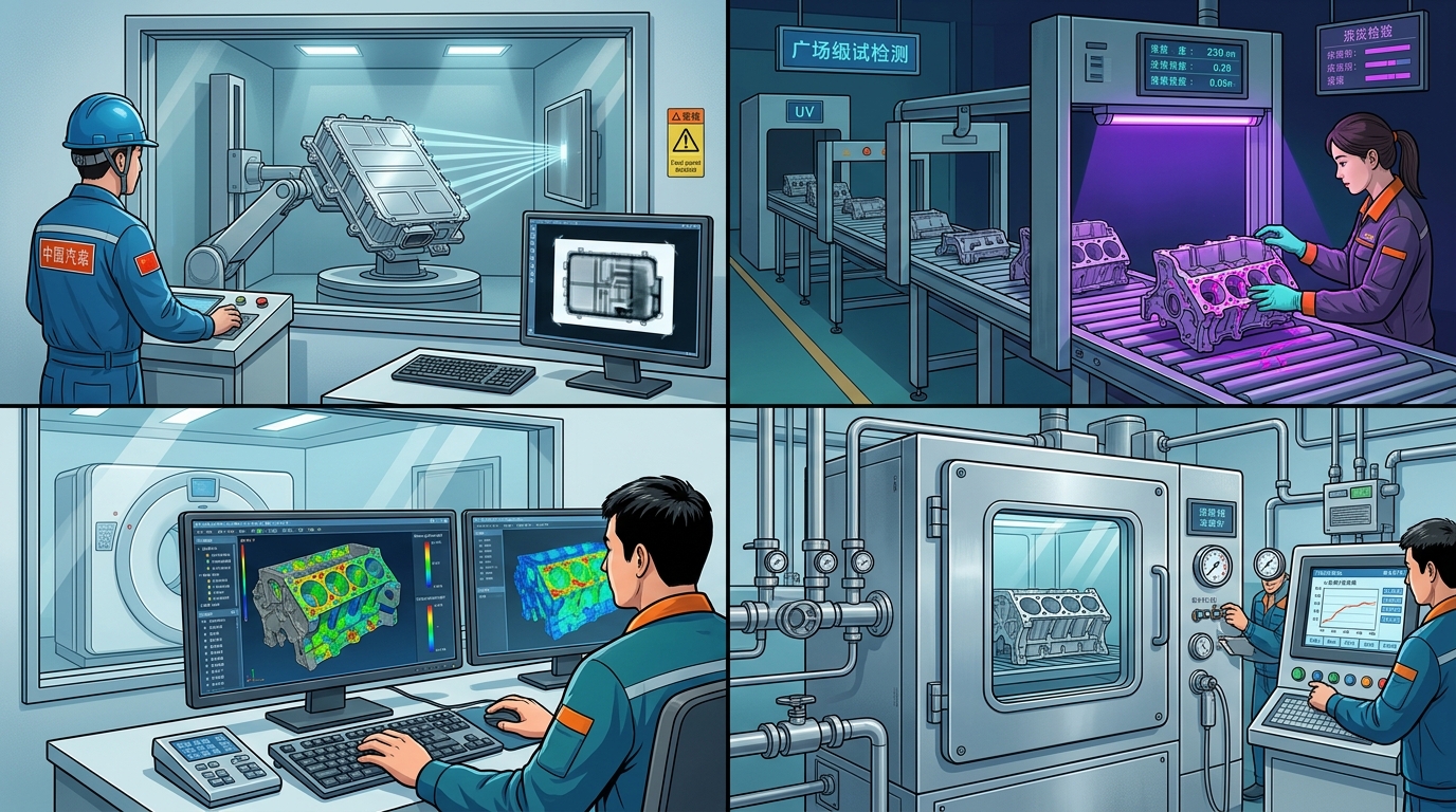 X-ray and NDT testing aluminum castings China foundry showing DR, CT, PT, and helium leak stations