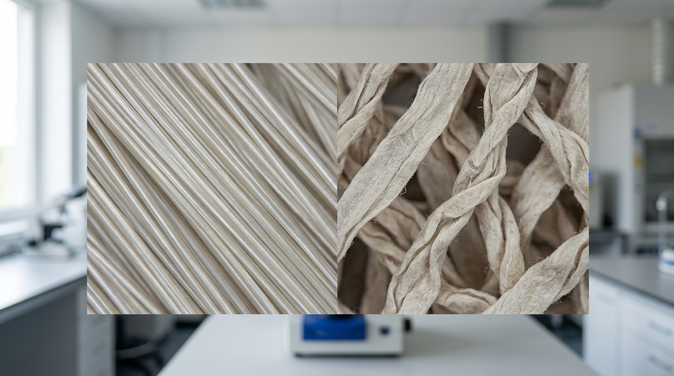 Microscopic view comparing smooth bamboo viscose fibers to twisted cotton fibers for baby clothes