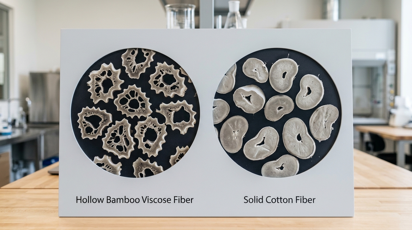 bamboo vs cotton fiber cross-section showing breathability difference for baby pajamas