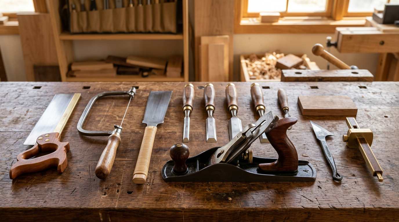 Essential hand cutting tools for woodworking including dovetail saw, chisels, hand plane, and marking knife on a workbench