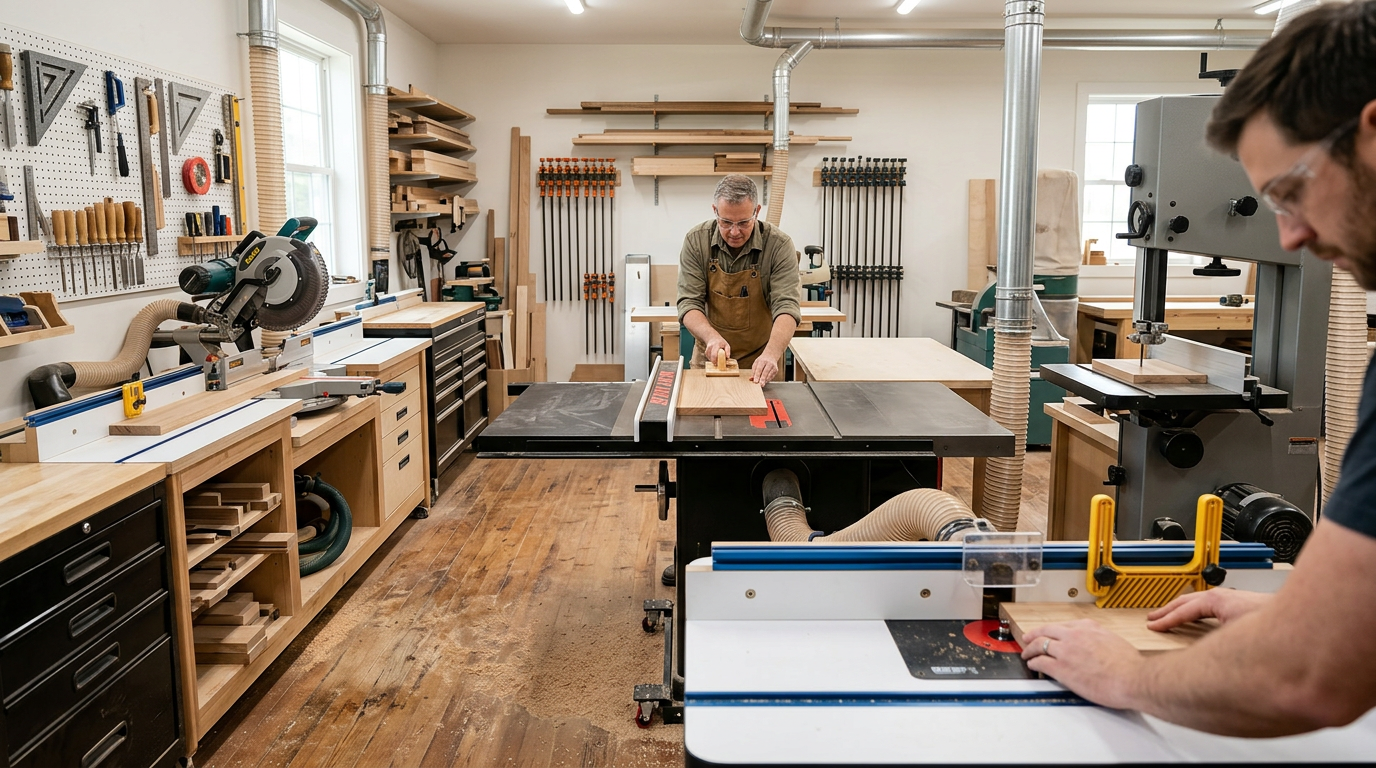 Power woodworking cutting tools in a workshop including table saw, miter saw, band saw, and router table