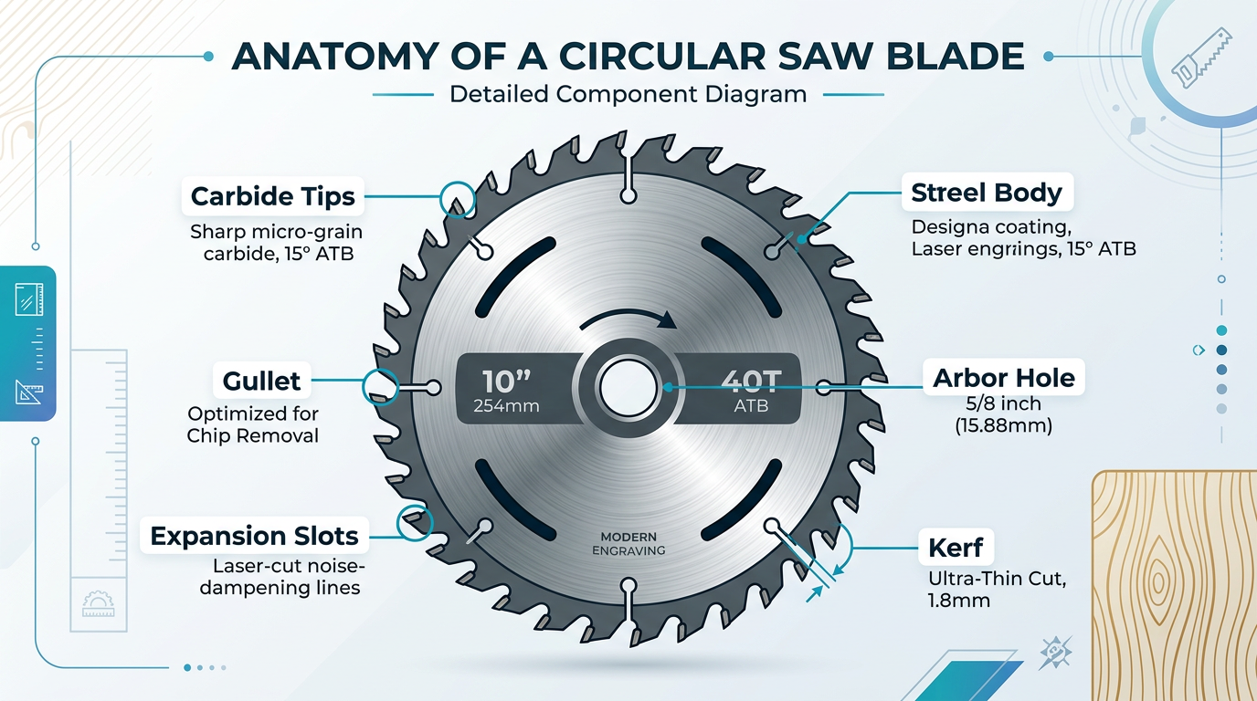 Saw blade anatomy diagram showing kerf width, carbide teeth, gullets, expansion slots, and arbor hole