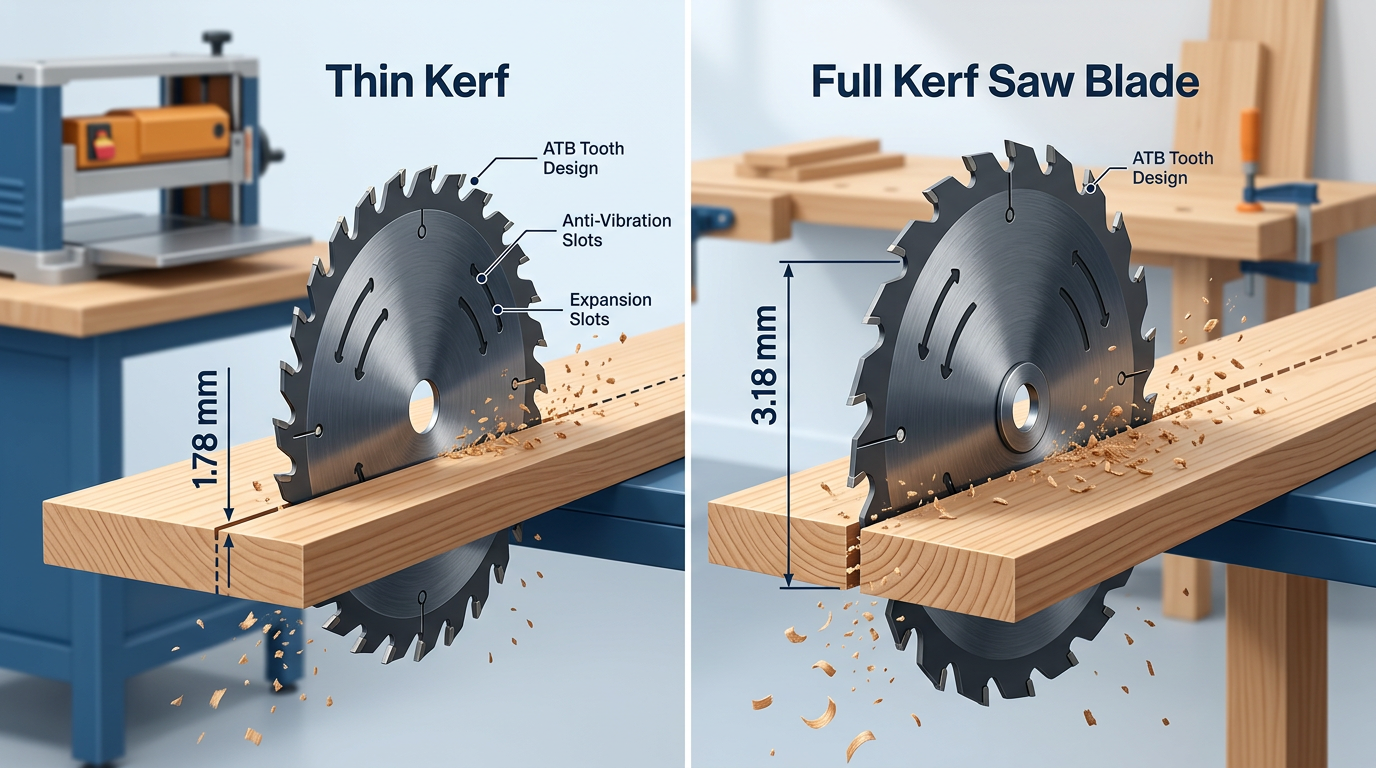 Thin kerf vs full kerf saw blade comparison showing thickness difference