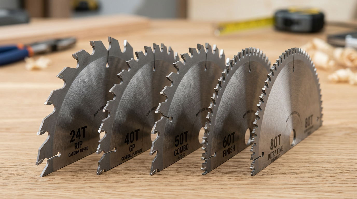 Saw blade tooth count comparison showing 24 teeth, 40 teeth, 60 teeth, and 80 teeth blades