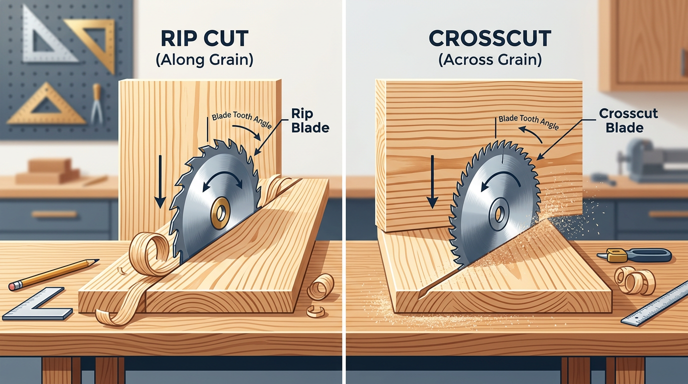 Rip cut vs crosscut blade comparison showing tooth angle and wood grain direction