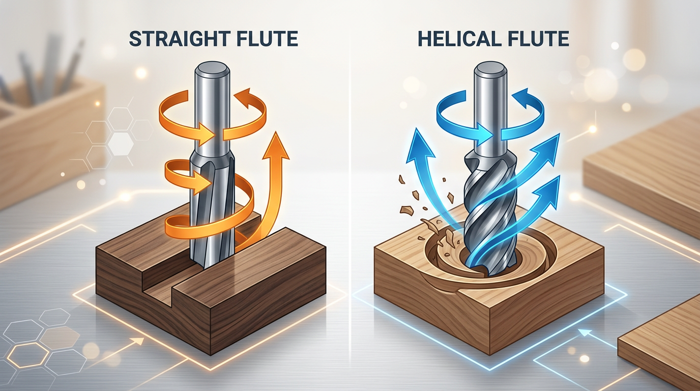 Straight vs spiral router bit flute geometry diagram showing cutting direction