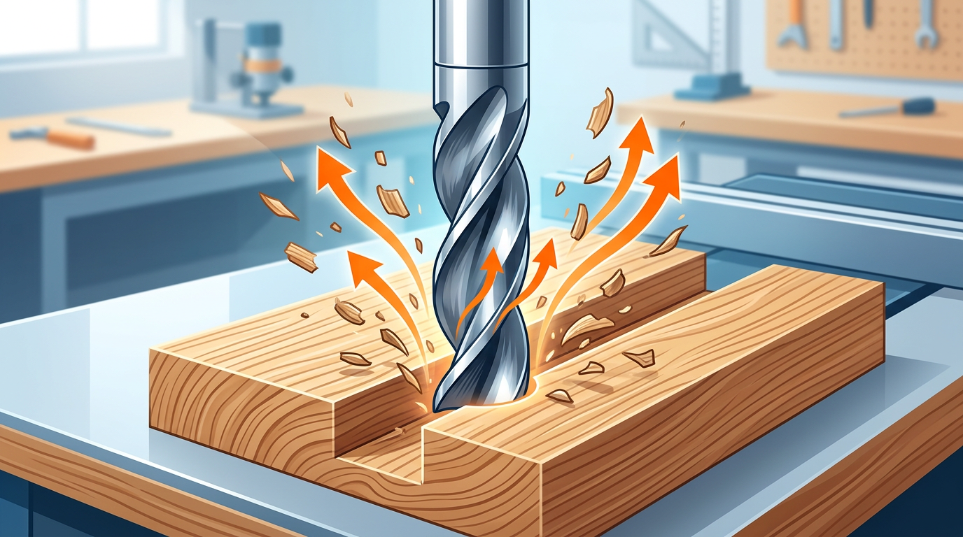 Spiral router bit helical flute design showing shearing action and chip flow direction