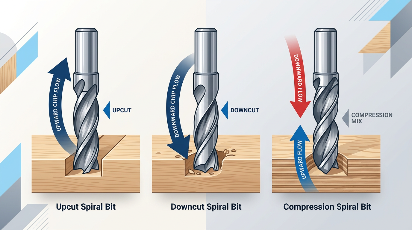 Upcut vs downcut vs compression spiral router bits chip evacuation direction comparison