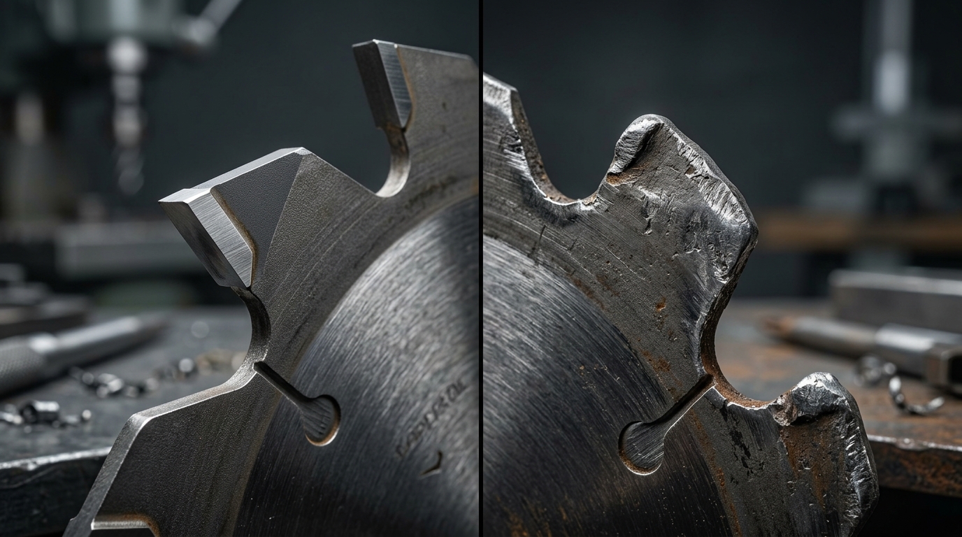 Close-up comparison of sharp carbide tip and worn steel tooth on saw blades