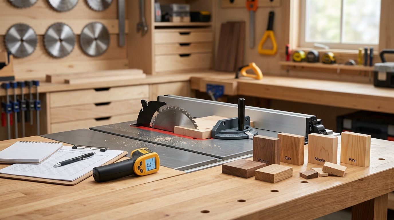 Saw blade testing setup with table saw and wood samples including oak maple and plywood