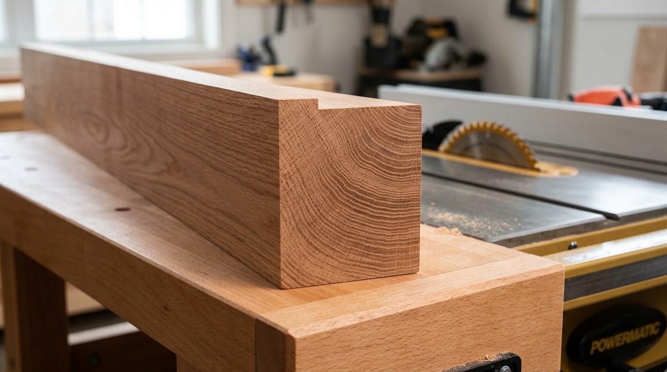 Clean crosscut surface in red oak made by 50-tooth carbide tipped saw blade