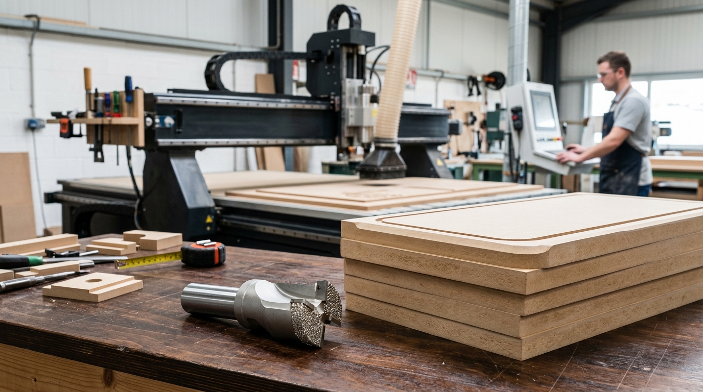 PCD diamond router bit used for industrial high-volume MDF cutting on CNC machines